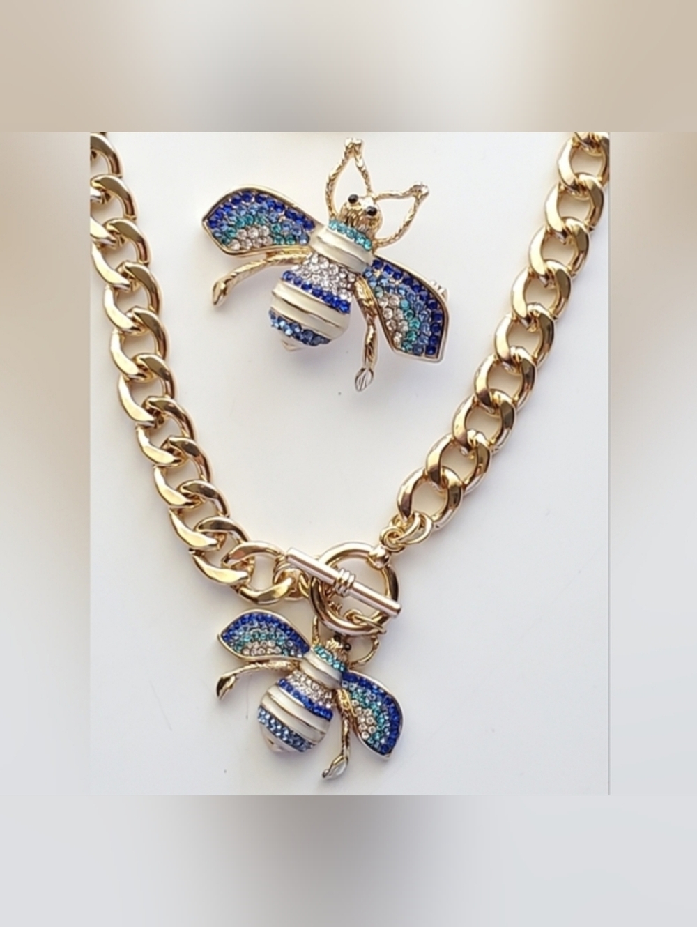 Curb Link Necklace with Bumble Bee Pendant and Matching Brooch
